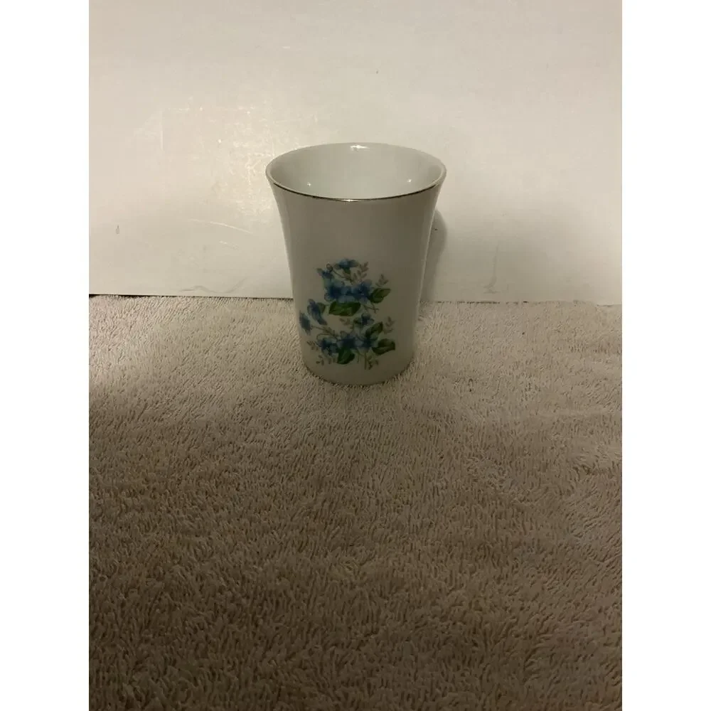 Vintage Porcelain Tumbler Bath Cup Holder Floral Blue Small Gold Rim